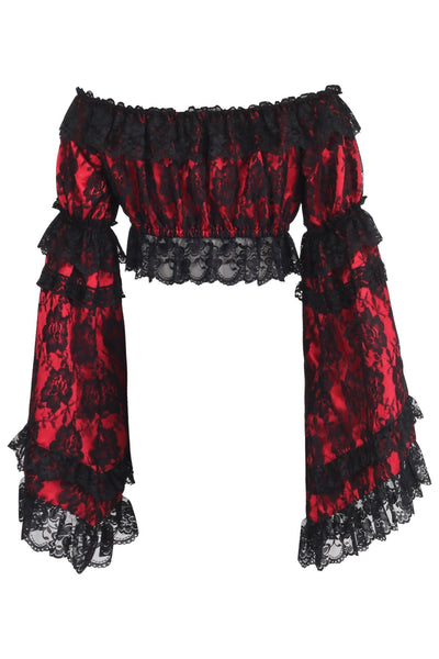 Red/Black Lace Smocked Flare Sleeve Peasant Top