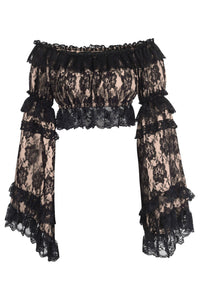 Nude/Black Lace Smocked Flare Sleeve Peasant Top