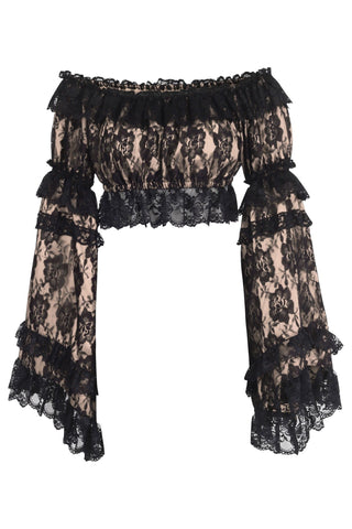 Nude/Black Lace Smocked Flare Sleeve Peasant Top
