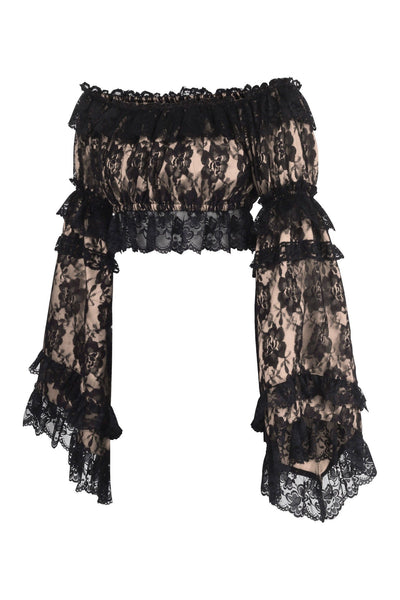 Nude/Black Lace Smocked Flare Sleeve Peasant Top