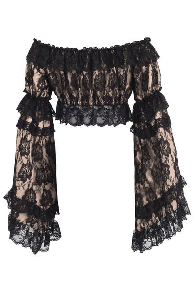 Nude/Black Lace Smocked Flare Sleeve Peasant Top