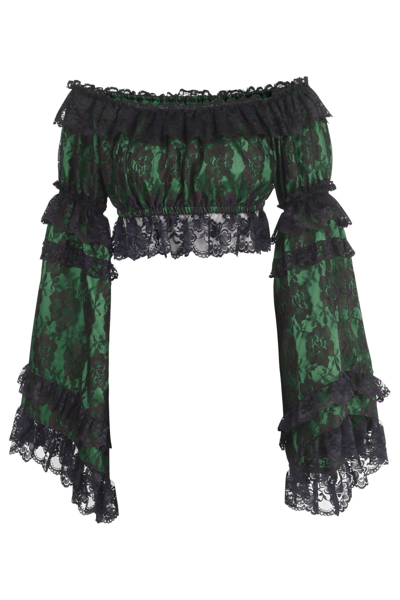 Green/Black Lace Smocked Flare Sleeve Peasant Top