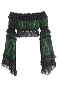 Green/Black Lace Smocked Flare Sleeve Peasant Top