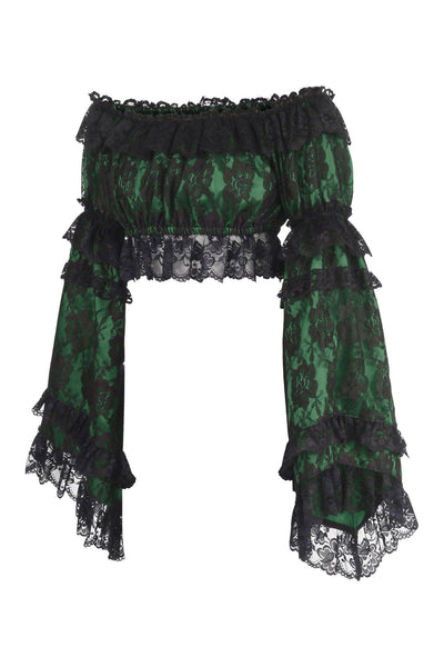 Green/Black Lace Smocked Flare Sleeve Peasant Top