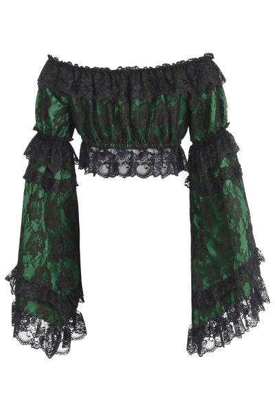 Green/Black Lace Smocked Flare Sleeve Peasant Top