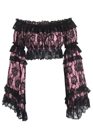 Pink/Black Lace Smocked Flare Sleeve Peasant Top