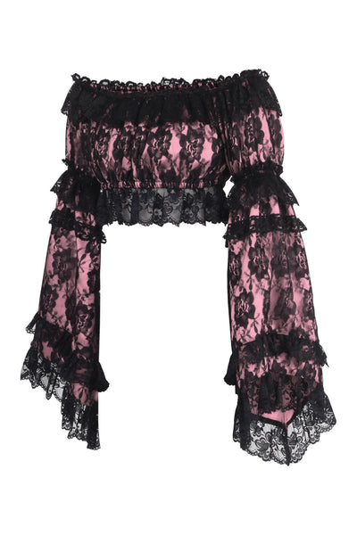 Pink/Black Lace Smocked Flare Sleeve Peasant Top