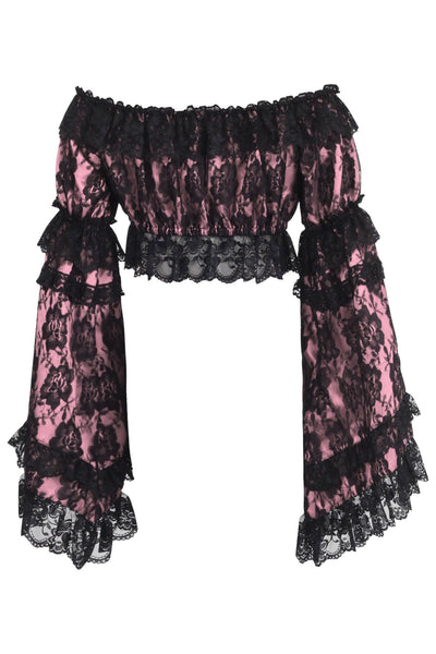 Pink/Black Lace Smocked Flare Sleeve Peasant Top