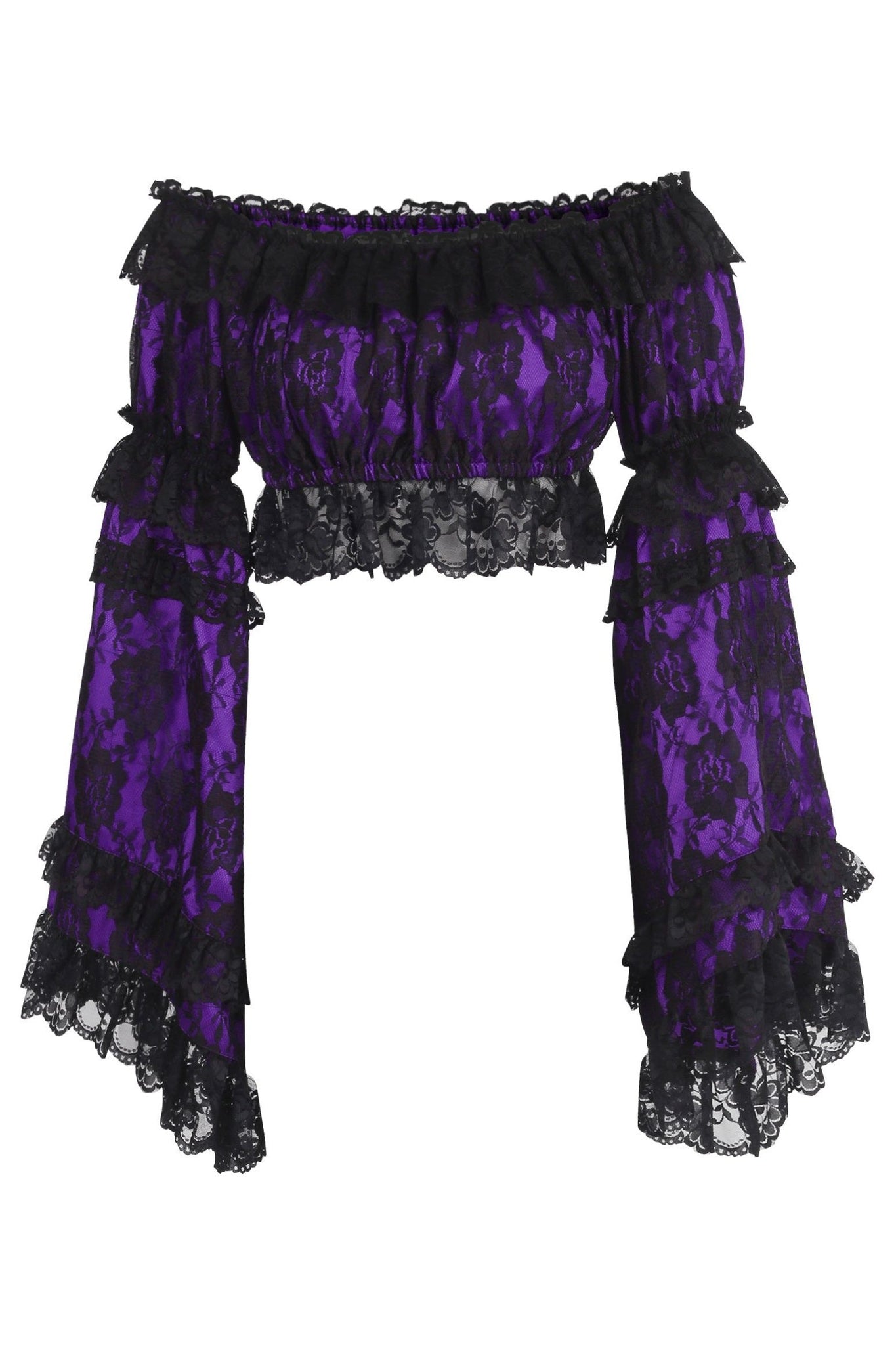 Purple/Black Lace Smocked Flare Sleeve Peasant Top