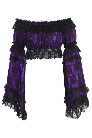 Purple/Black Lace Smocked Flare Sleeve Peasant Top