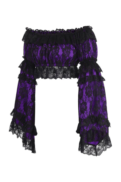 Purple/Black Lace Smocked Flare Sleeve Peasant Top