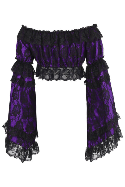 Purple/Black Lace Smocked Flare Sleeve Peasant Top