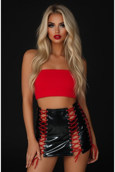 Black Patent Lace-Up Skirt w/Red Lacing