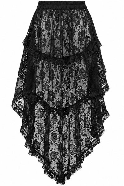 Sheer Black Lace Ruched Front High Low Lace Skirt