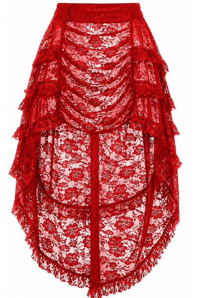 Sheer Red Lace Ruched Front High Low Lace Skirt