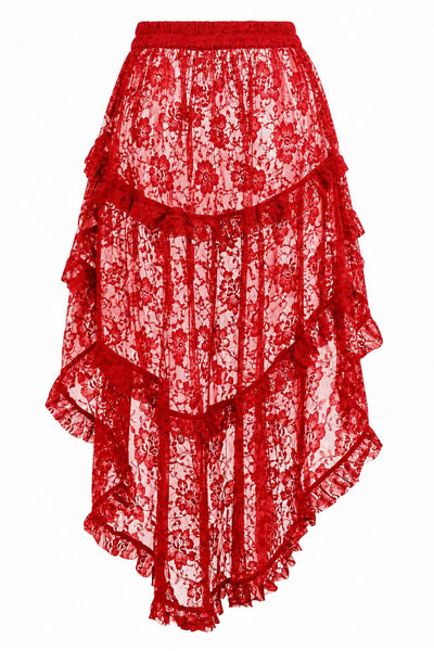 Sheer Red Lace Ruched Front High Low Lace Skirt