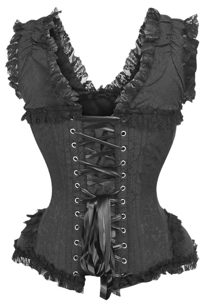 Top Drawer Black Brocade & Lace Steel Boned Corset w/Cap Sleeves