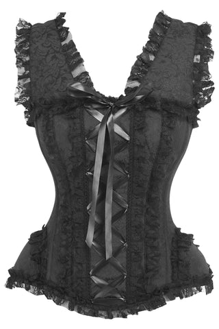 Top Drawer Black Brocade & Lace Steel Boned Corset w/Cap Sleeves