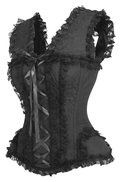 Top Drawer Black Brocade & Lace Steel Boned Corset w/Cap Sleeves