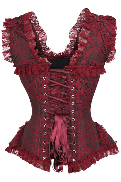 Top Drawer Red/Black Brocade & Lace Steel Boned Corset w/Cap Sleeves
