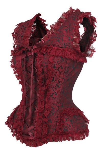 Top Drawer Red/Black Brocade & Lace Steel Boned Corset w/Cap Sleeves