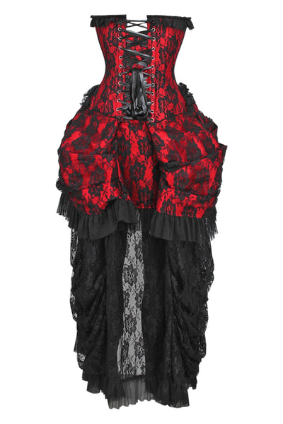 Top Drawer Steel Boned Red w/Black Lace Bustle Corset Dress