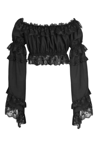 Black Smocked Flare Sleeve Peasant Top