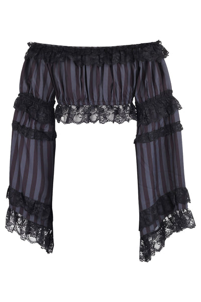 Black/Grey Striped Smocked Flare Sleeve Peasant Top