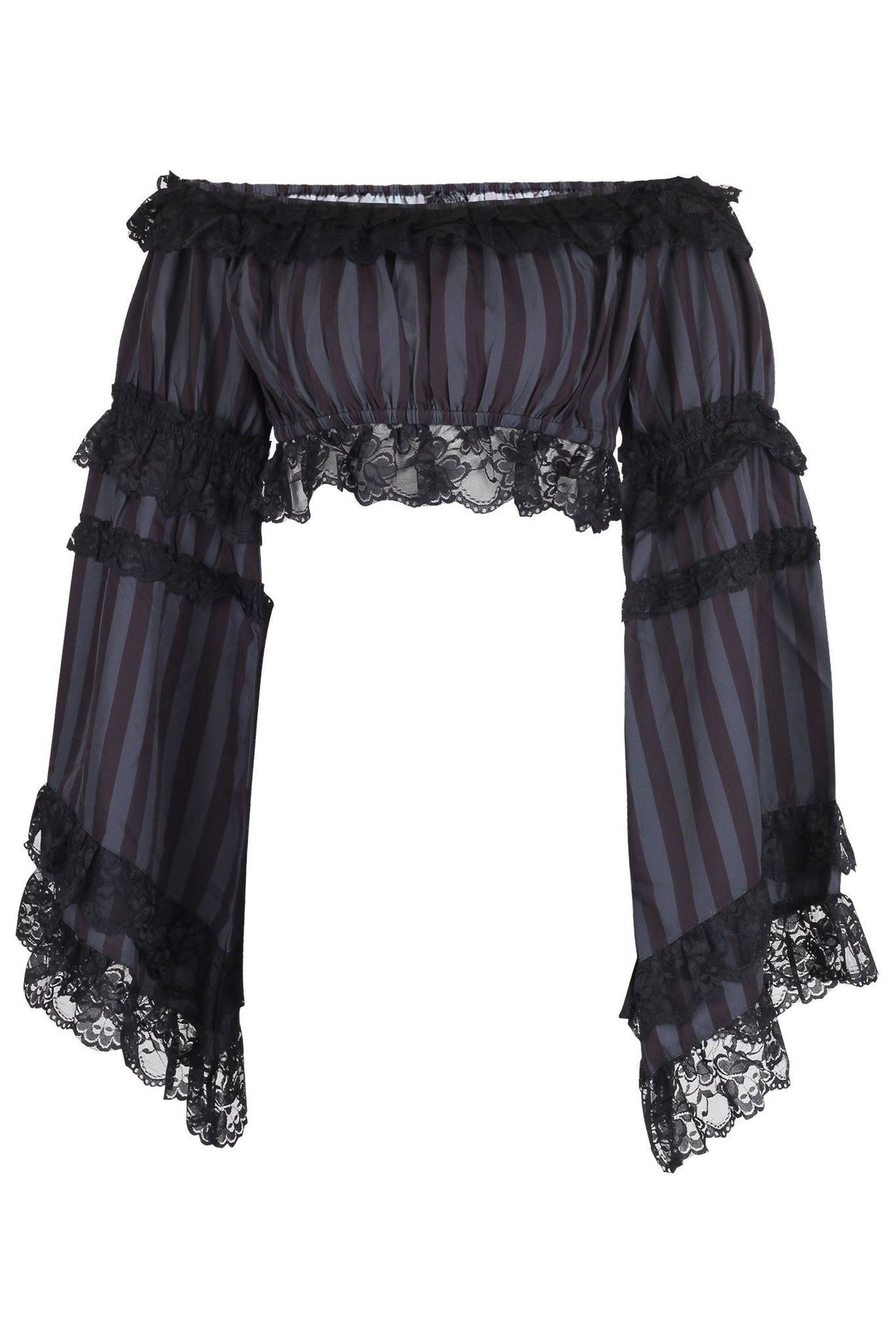 Black/Grey Striped Smocked Flare Sleeve Peasant Top