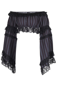 Black/Grey Striped Smocked Flare Sleeve Peasant Top