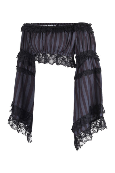 Black/Grey Striped Smocked Flare Sleeve Peasant Top