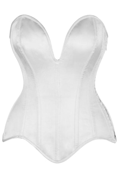 Top Drawer Steel Boned White Satin Plunge Neckline Overbust Corset