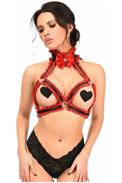 Kitten Collection Red Velvet & Faux Leather Triangle Top Body Harness - Daisy Corsets