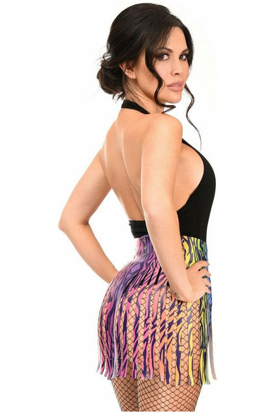 Rainbow Animal Print Faux Leather Fringe Skirt