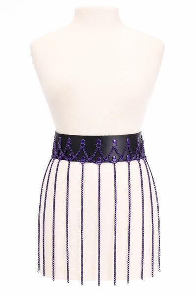 Black Faux Leather & Purple Metallic Chain Fringe Skirt