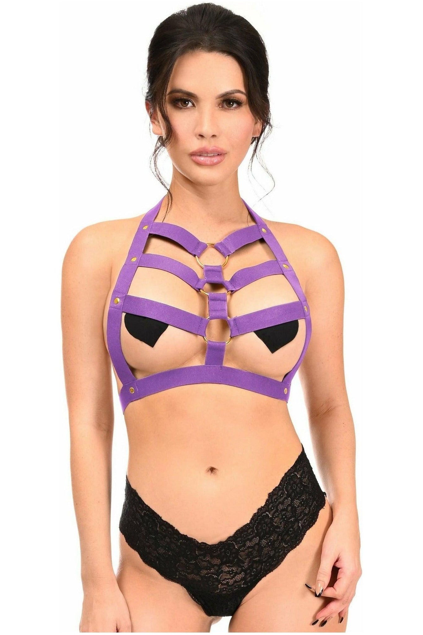 Dark Purple Stretchy Body Harness w/Gold Hardware - Daisy Corsets