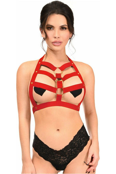 BOXED Dark Red Stretchy Body Harness w/Gold Hardware