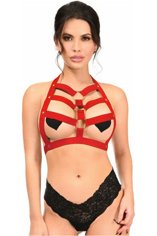 BOXED Dark Red Stretchy Body Harness w/Gold Hardware