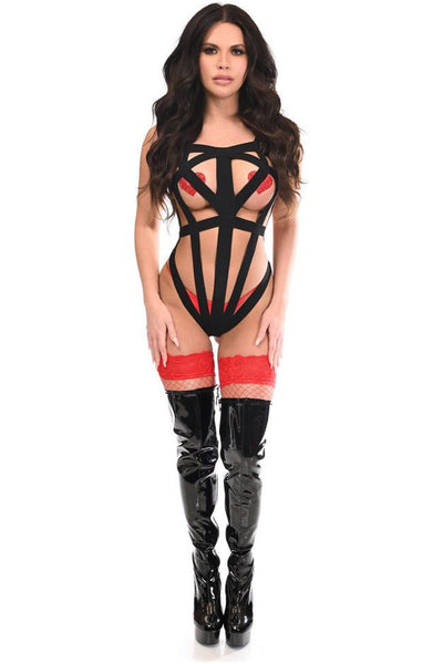 BOXED Black Stretchy Body Harness Bodysuit w/Silver Hardware