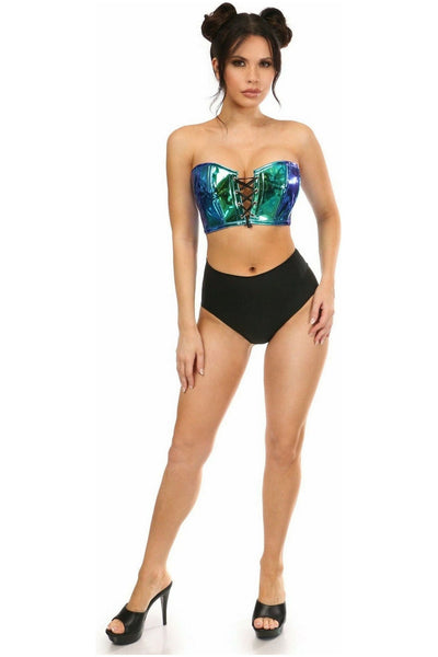 Lavish Teal/Blue Holo Lace-Up Short Bustier Top
