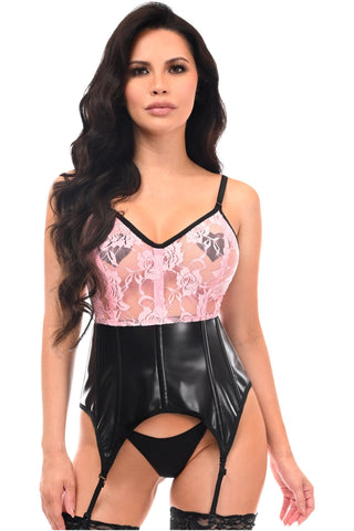 Lavish Black/Pink Wet Look & Lace Bustier Corset w/Garters