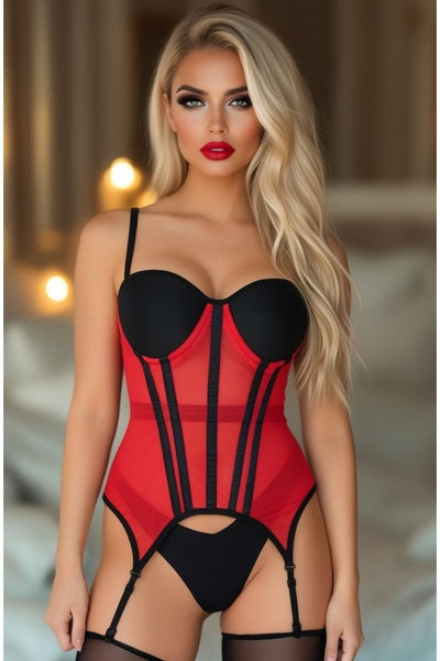 Lavish Red/Black Mesh Underwire Bustier Corset w/Garters
