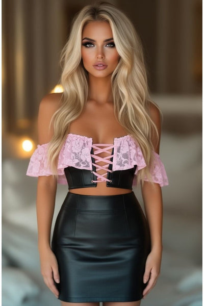 LIMITED EDITION Lavish Lt Pink Lace & Faux Leather Bustier Top