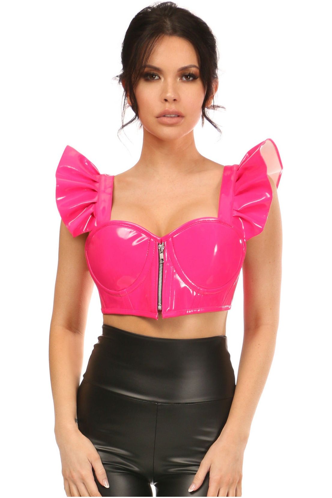 Daisy Corsets Lavish Hot Pink Patent Underwire Bustier Top w Removable Ruffle Sleeves Daisy Corsets USA