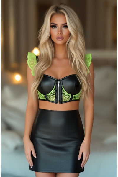 Lavish Neon Green Fishnet & Faux Leather Underwire Bustier Top w/Removable Ruffle Sleeves