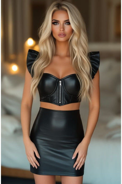 Lavish Black Faux Leather Underwire Bustier Top w/Removable Ruffle Sleeves