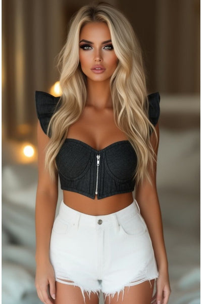 Lavish Black Denim Underwire Bustier Top w/Removable Ruffle Sleeves