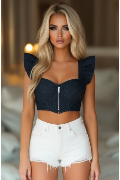 Lavish Dark Blue Denim Underwire Bustier Top w/Removable Ruffle Sleeves