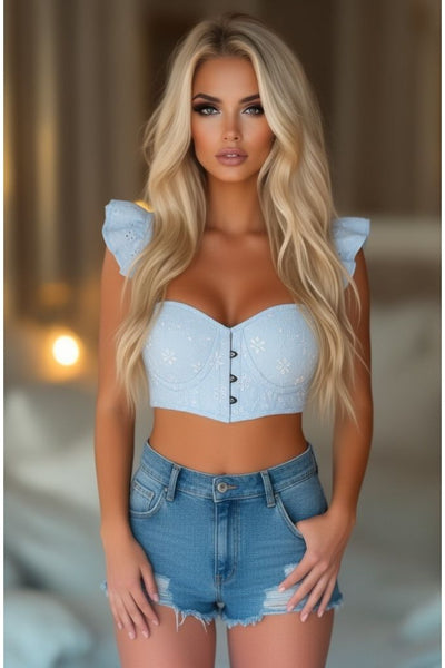 Lavish Lt Blue Eyelet Underwire Bustier Top w/Removable Ruffle Sleeves