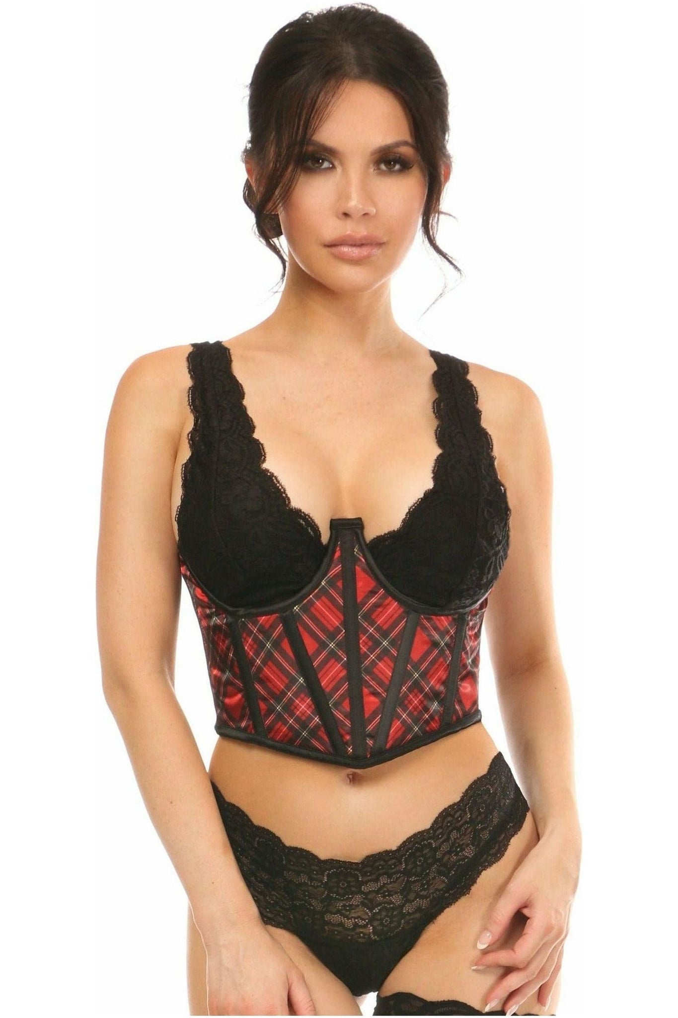 Lavish Red Plaid Satin Open Cup Waist Cincher - Daisy Corsets
